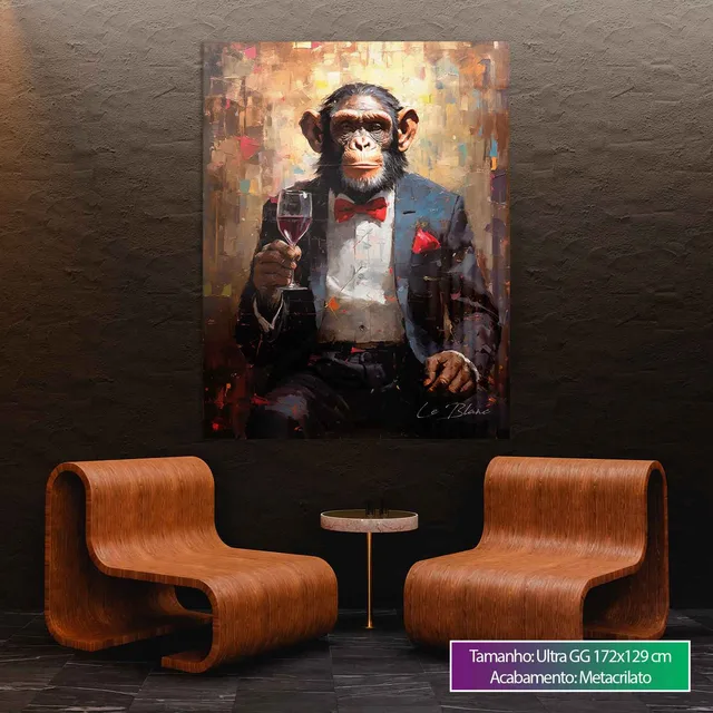 Quadro Macaco Sofisticado em ambiente com poltronas laranja