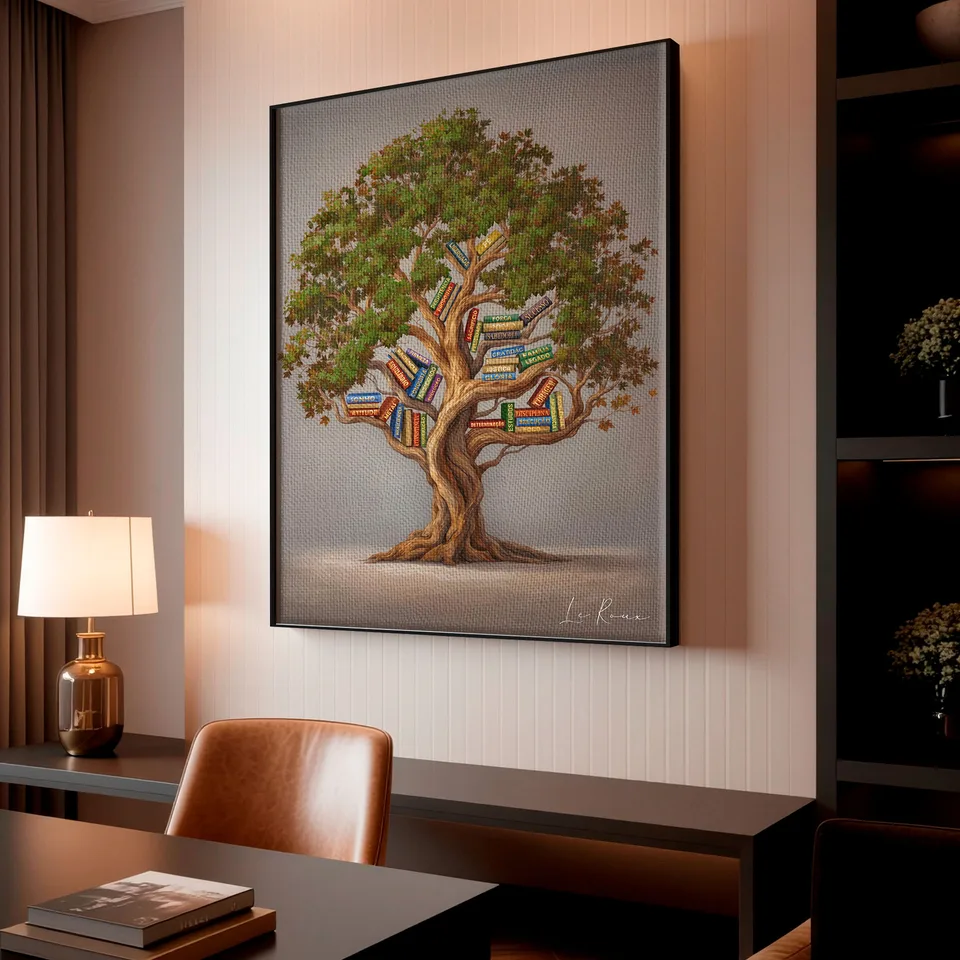Quadro Árvore da Leitura com moldura preta na sala