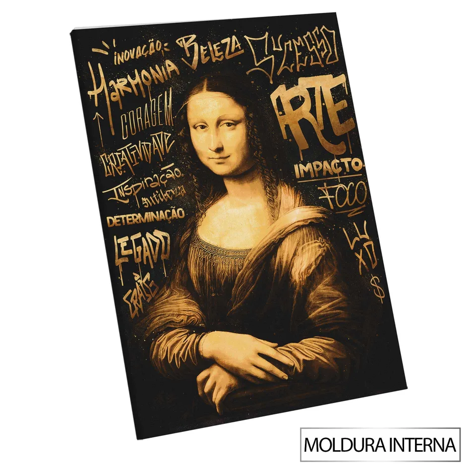 quadro monalisa grafite dourado — perspectiva expressão Monalisa e grafismos