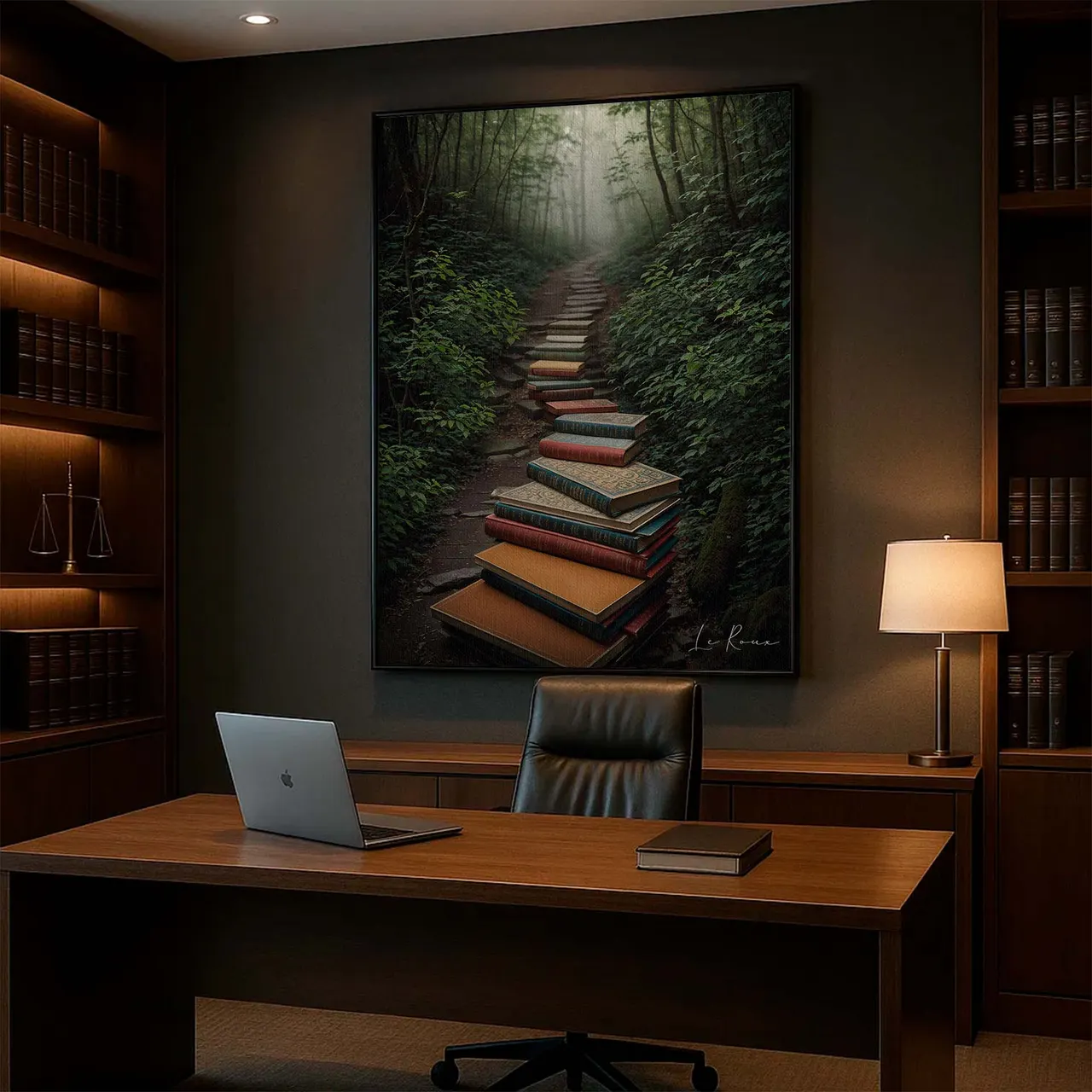 Quadro O Caminho do Conhecimento, de Le Roux, trilha de livros numa floresta, acima de mesa de escritório