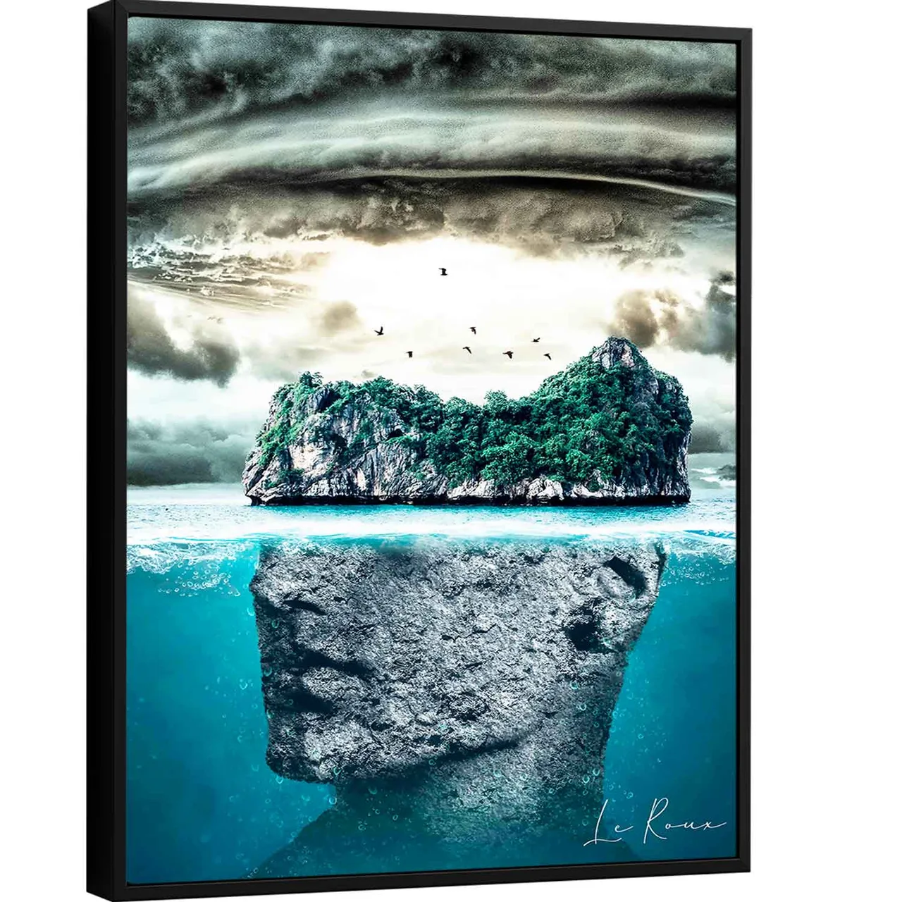 Quadro Brainstorming, ilha em forma de cérebro cercada de água