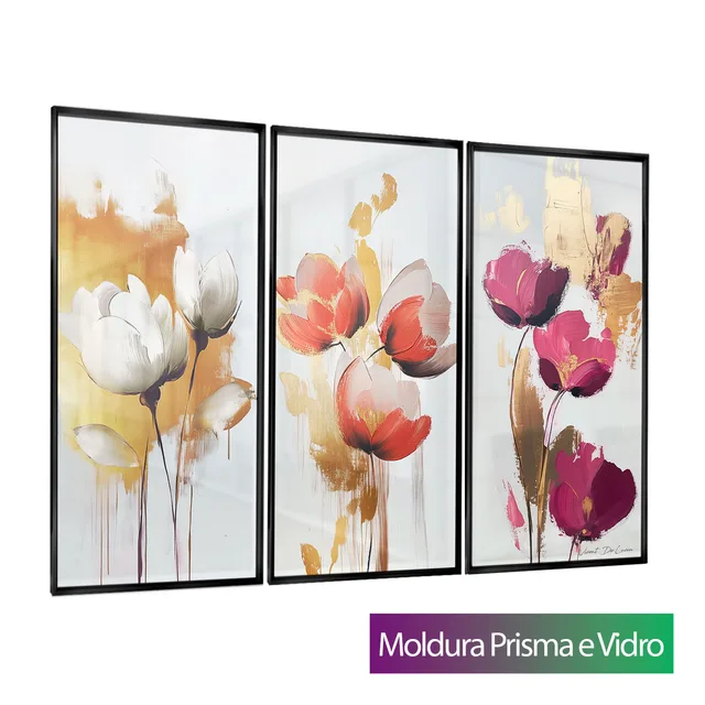 Trio Flores Elegantes com acabamento em moldura interna