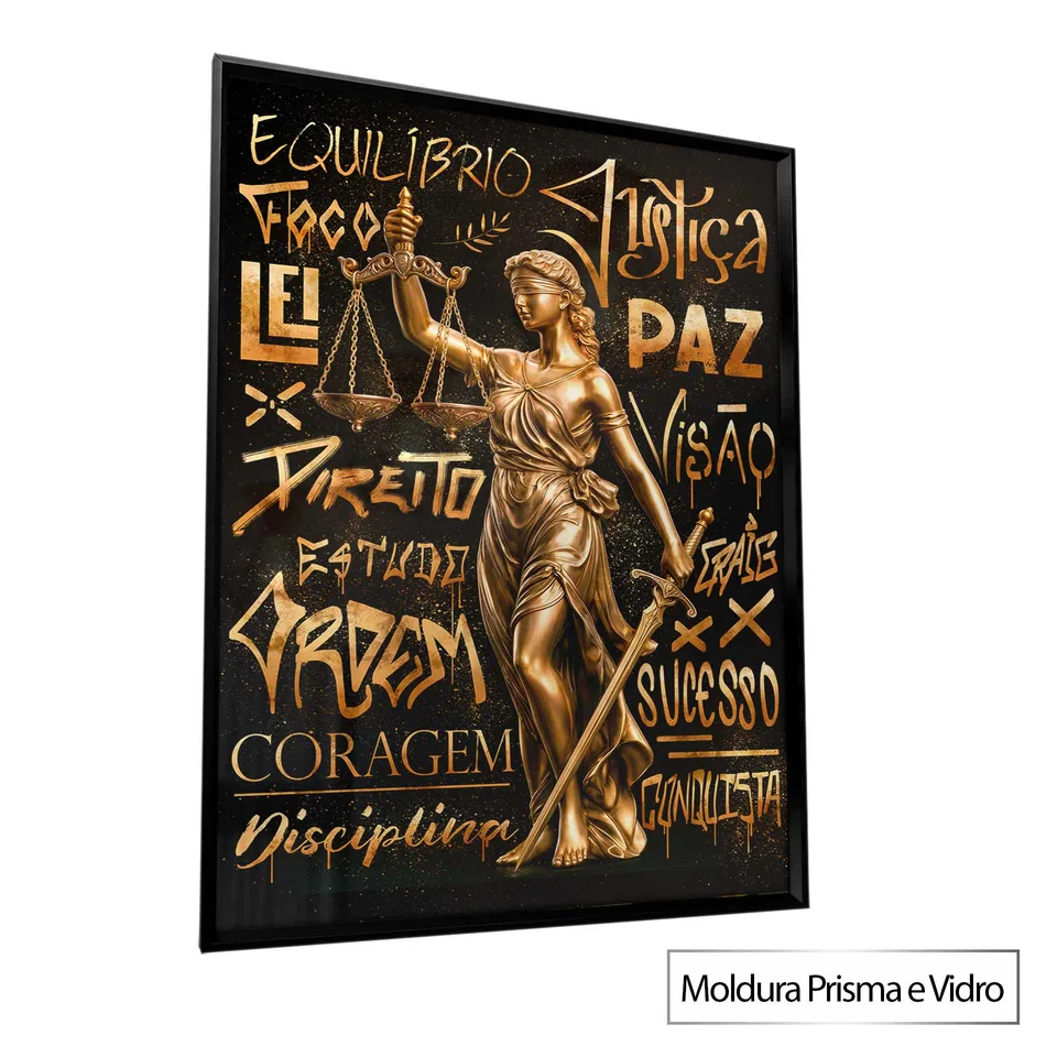 Quadro Deusa da Justiça Grafite Dourado com moldura Prisma e vidro