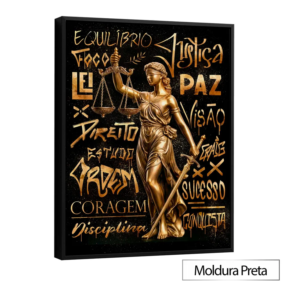 Quadro Deusa da Justiça Grafite Dourado com moldura de filete preta