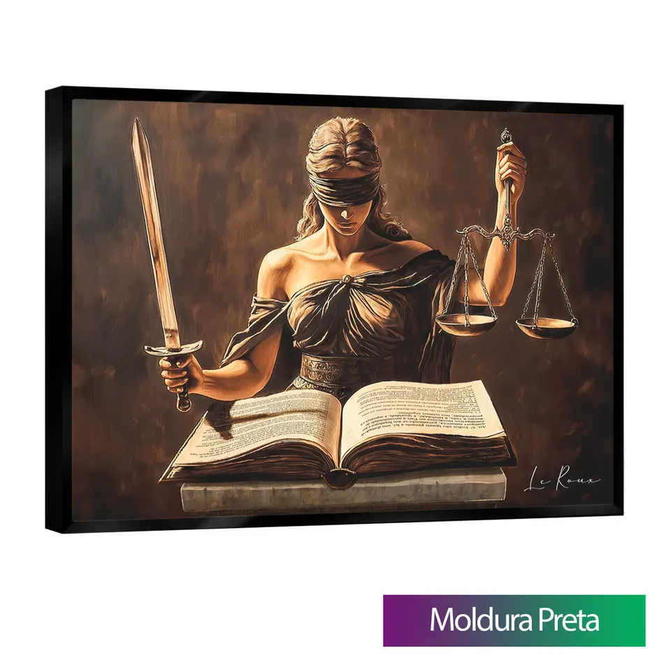 Quadro Deusa Themis e as Escrituras da Lei com moldura de filete preta