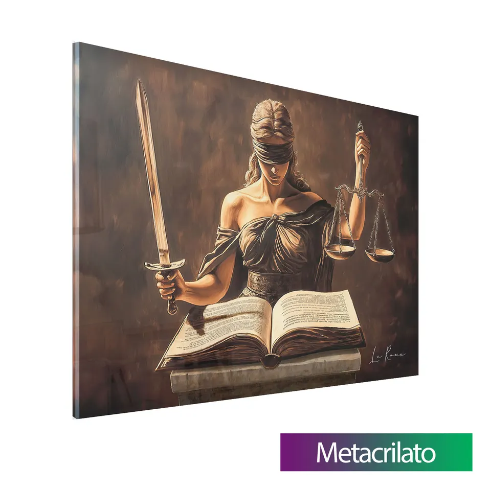 Quadro Deusa Themis e as Escrituras da Lei com acabamento em metacrilato