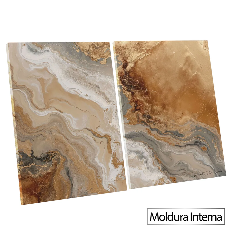 Quadro Água e Ouro 2 Peças - Coleção Abstrato Natural — Moldura Interna, Médio 64x48