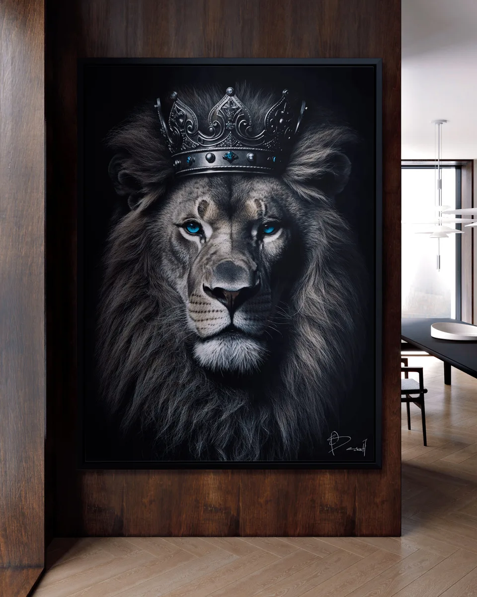 Quadro leão soberano com coroa dourada - arte exclusiva