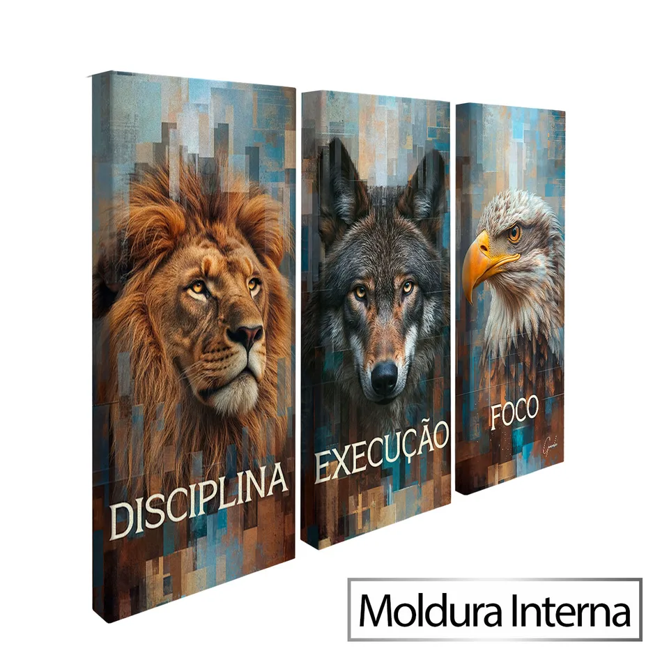 Quadro Disciplina, Execução e Foco Grid Art 3 Peças — Moldura Interna, Médio 93x62