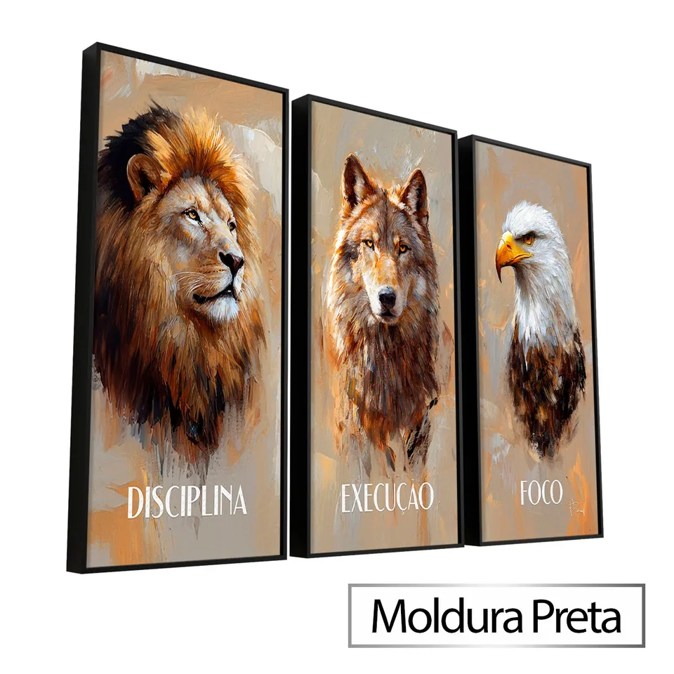 Quadro Disciplina, Execução e Foco CleanArt 3 Peças com moldura de filete preta