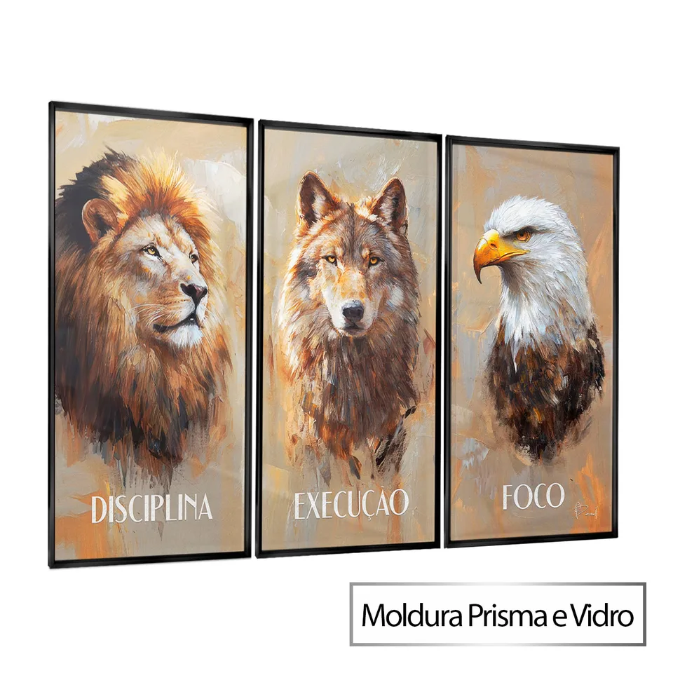 Quadro Disciplina, Execução e Foco CleanArt 3 Peças com moldura Prisma e vidro