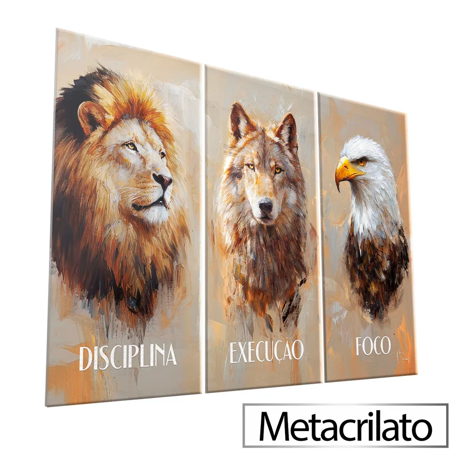 Quadro Disciplina, Execução e Foco CleanArt 3 Peças com acabamento em metacrilato
