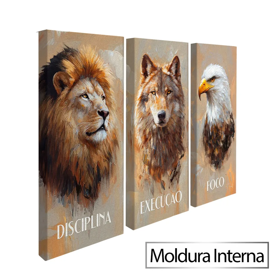 Quadro Disciplina, Execução e Foco CleanArt 3 Peças com moldura interna