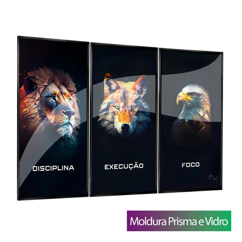 Quadro Disciplina, Execução e Foco Geométrico 3 Peças com moldura Prisma e vidro