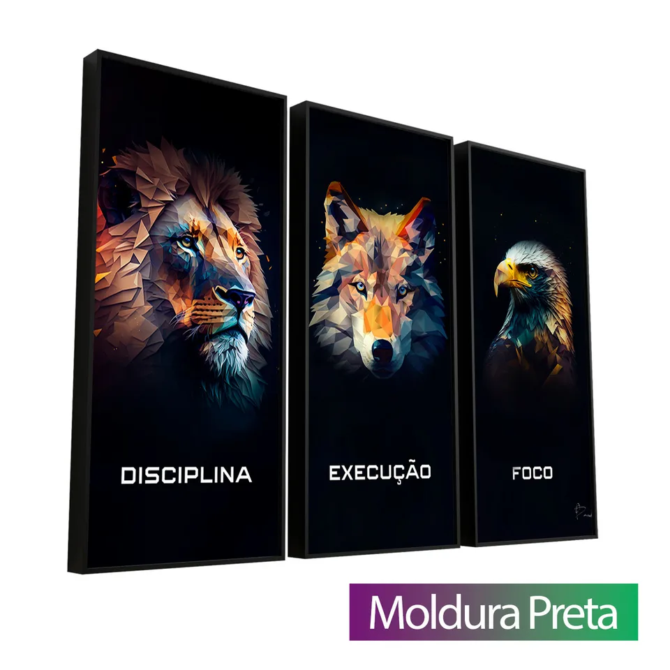Quadro Disciplina, Execução e Foco Geométrico 3 Peças com moldura de filete preta