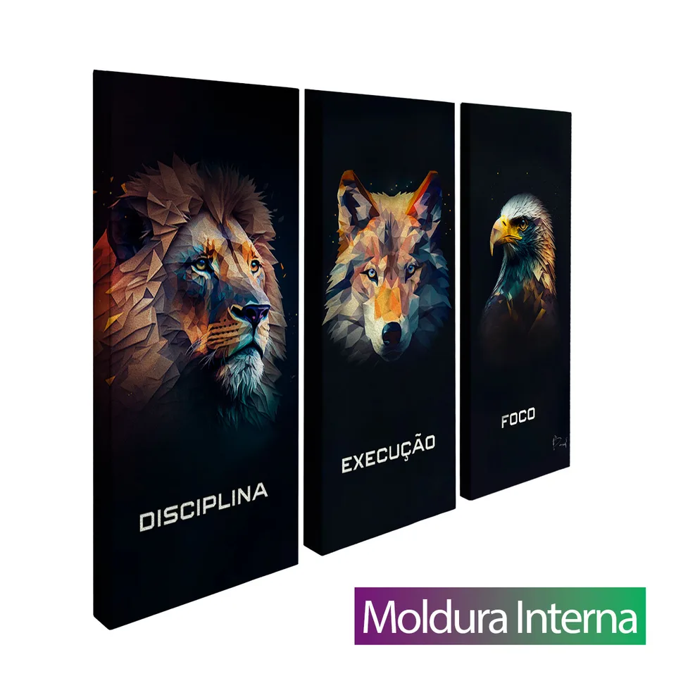 Quadro Disciplina, Execução e Foco Geométrico 3 Peças com moldura interna