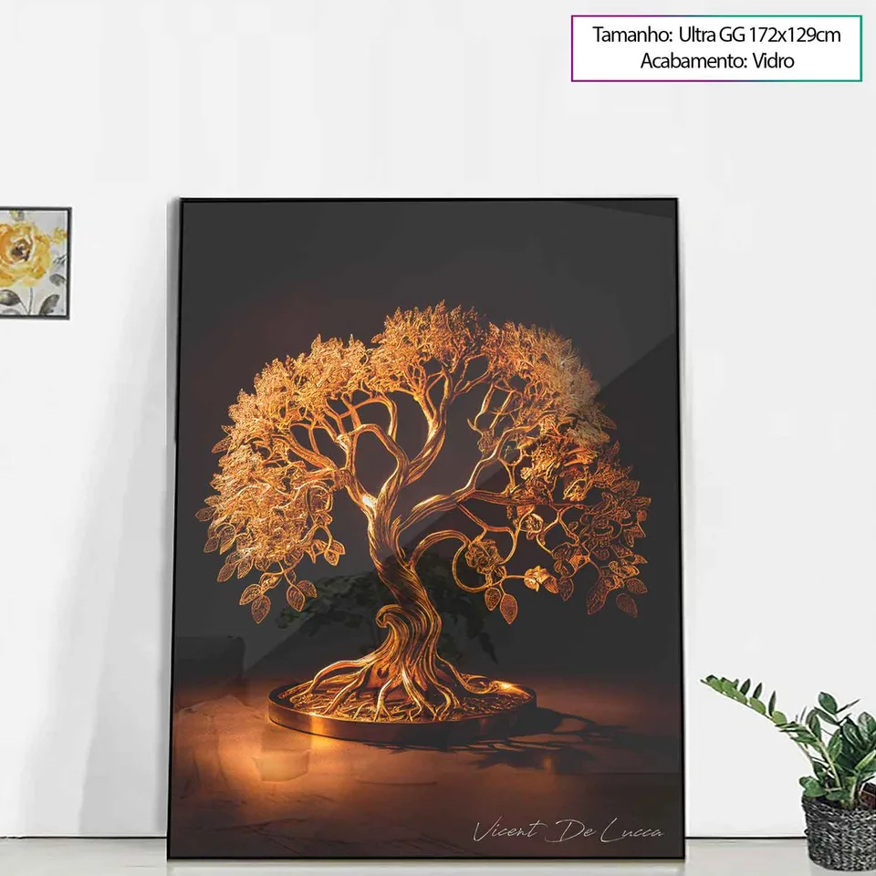 Quadro Árvore da Vida de Ouro com vidro apoiado no chão