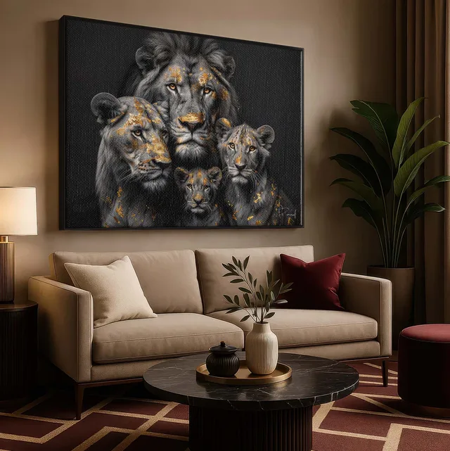 Quadro Família de Leões Folhas de Ouro acima de sofá bege em sala de tons quentes