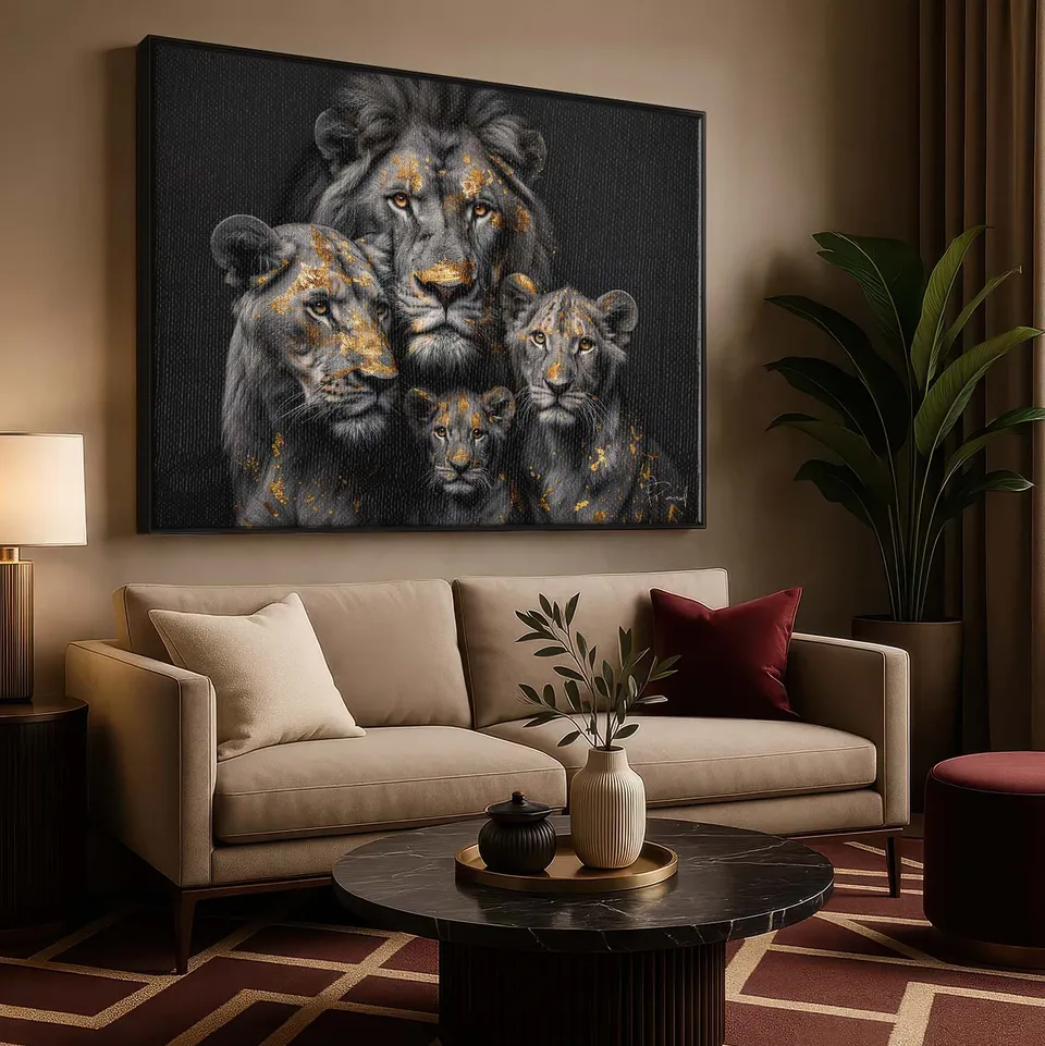 Quadro Família de Leões Folhas de Ouro com moldura preta na sala