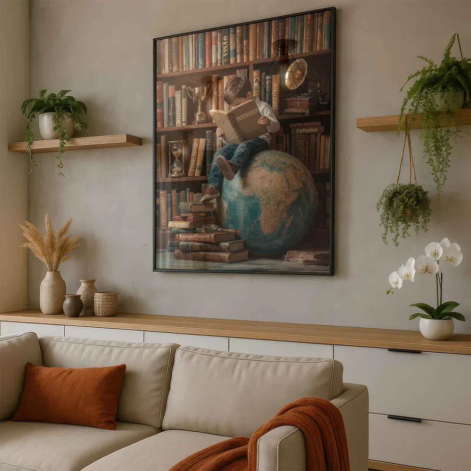 mundo conhecimento — instalação em sala bege com plantas