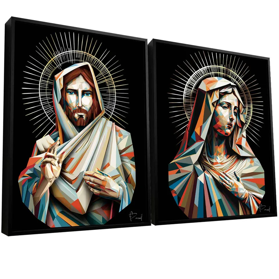 Quadro Jesus e Maria Geométricos 2 Peças