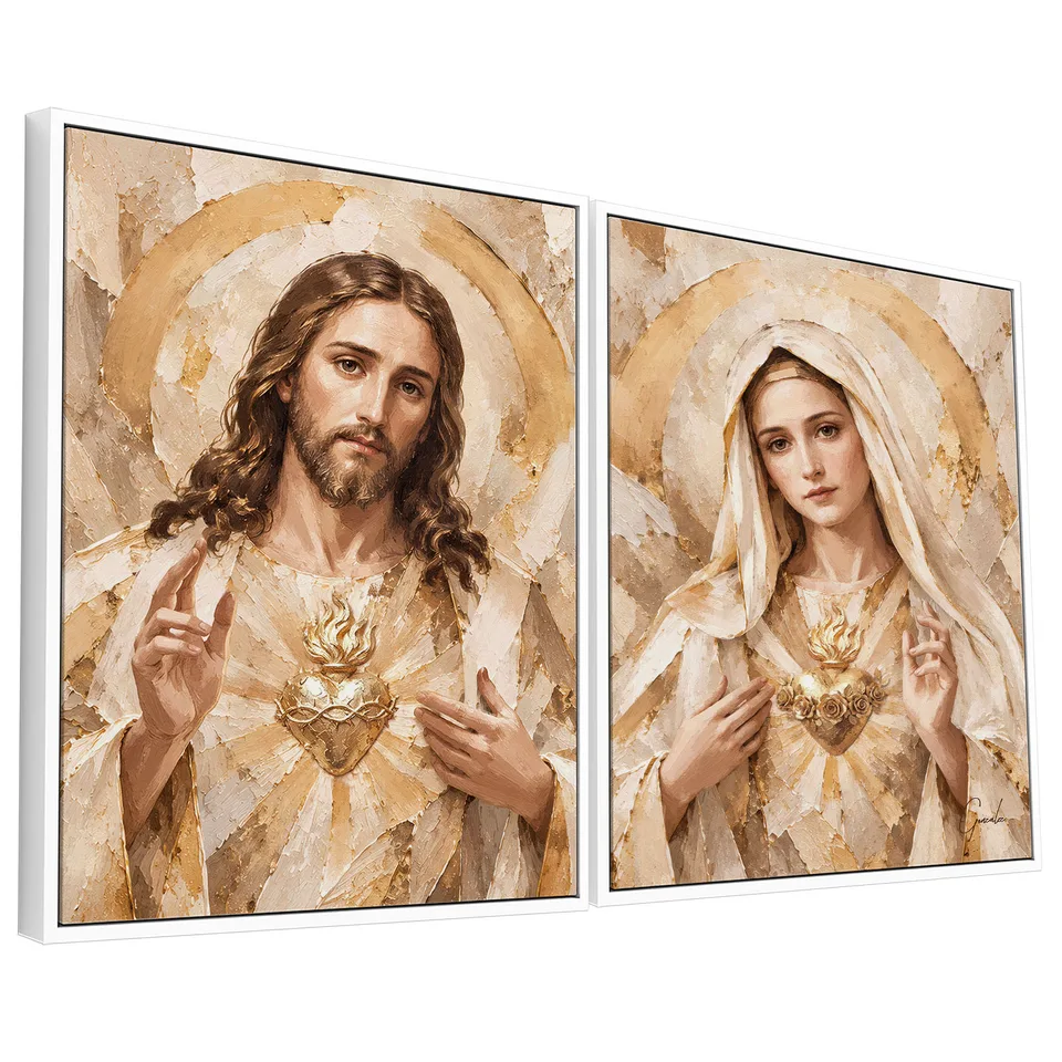 Quadro Os Corações Divinos de Jesus e Maria 2 Peças