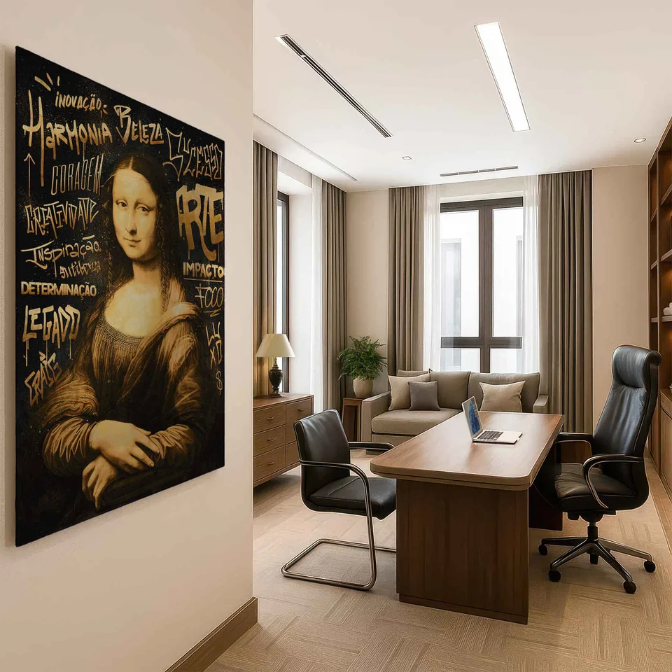 quadro monalisa grafite dourado — escritório financeiro corporativo sofisticação