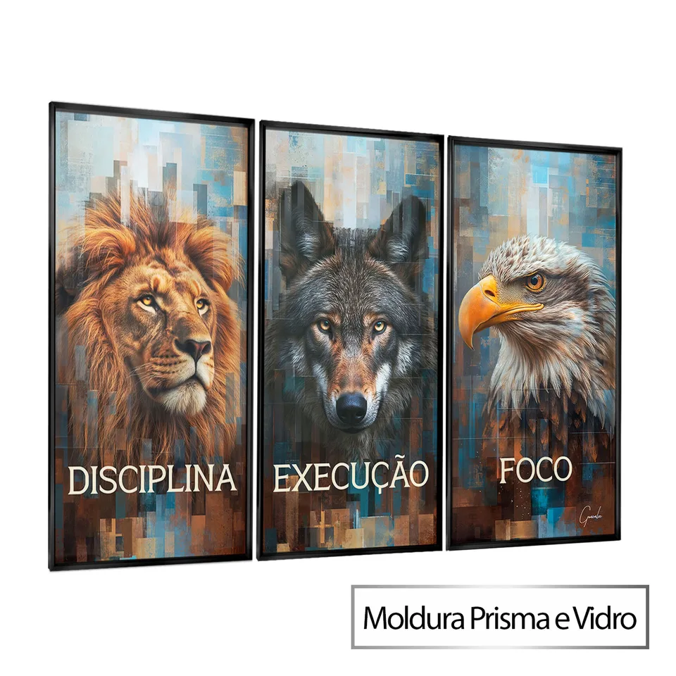 Quadro Disciplina, Execução e Foco Grid Art 3 Peças em Prisma e Vidro