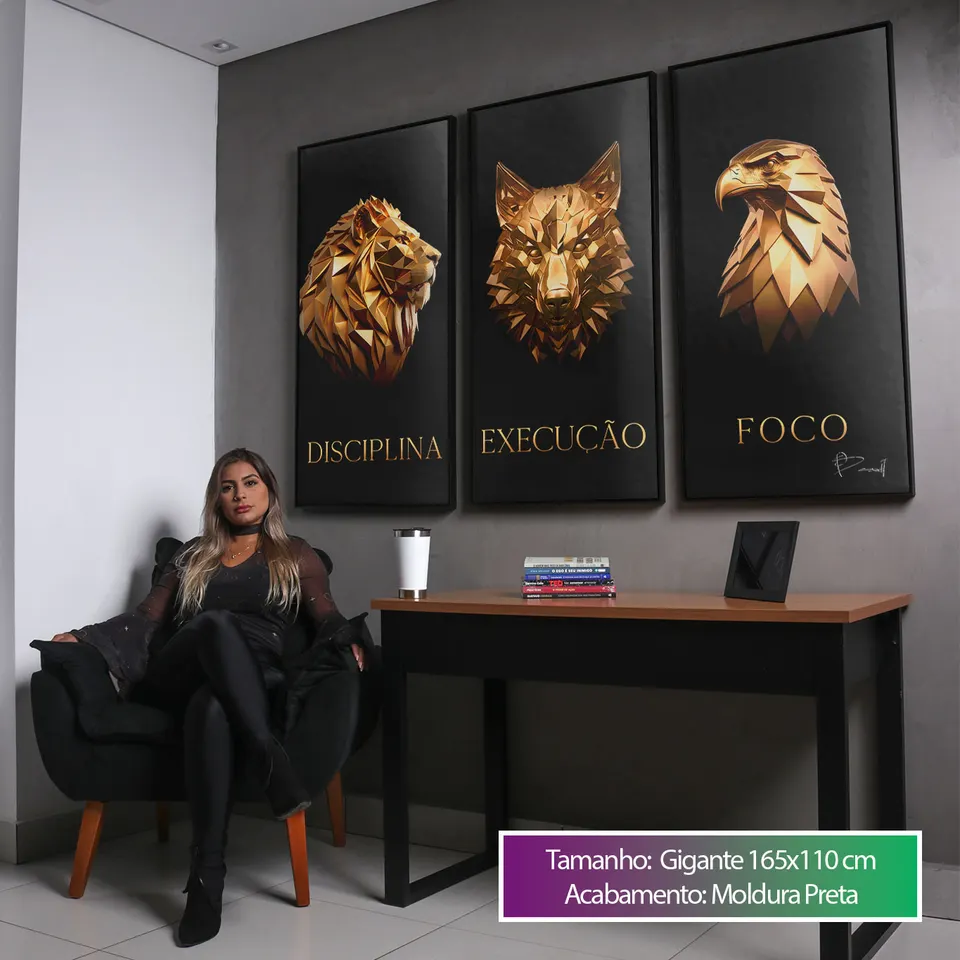 Quadro Disciplina, Execução e Foco de Ouro 3 Peças