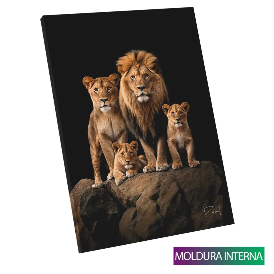 Quadro Família de Leões no Preto — Moldura Interna, Médio 64x48