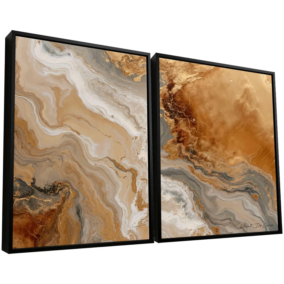 quadro agua e ouro 2 peças — formações minerais em dourado e água em azul cinzento — arte do artista Vicent de Lucca