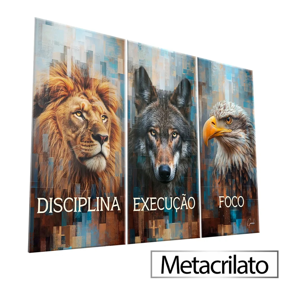 Quadro Disciplina, Execução e Foco Grid Art 3 Peças Metacrilato