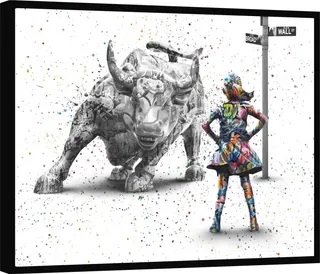 Quadro decorativo com touro de Wall Street e menina olhando para ele. Menina destemida grafite craig