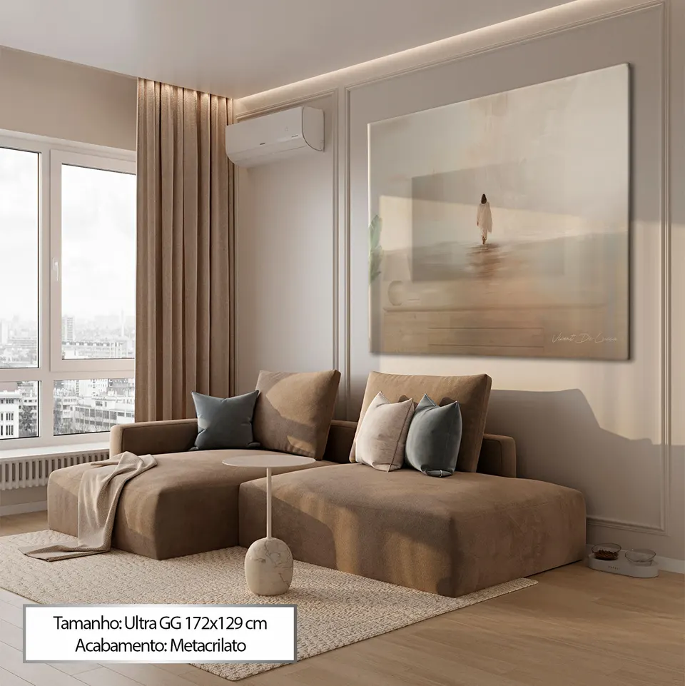 Quadro Jesus Sobre as Águas - Coleção Minimalista em sala de estar clean acima do sofá