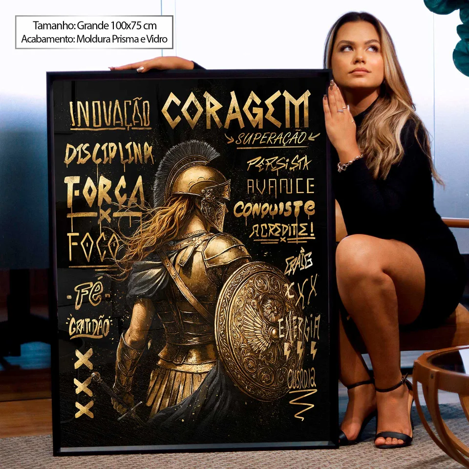 Quadro Loba de Esparta Dourada tamanho Grande com Modelo ao Lado