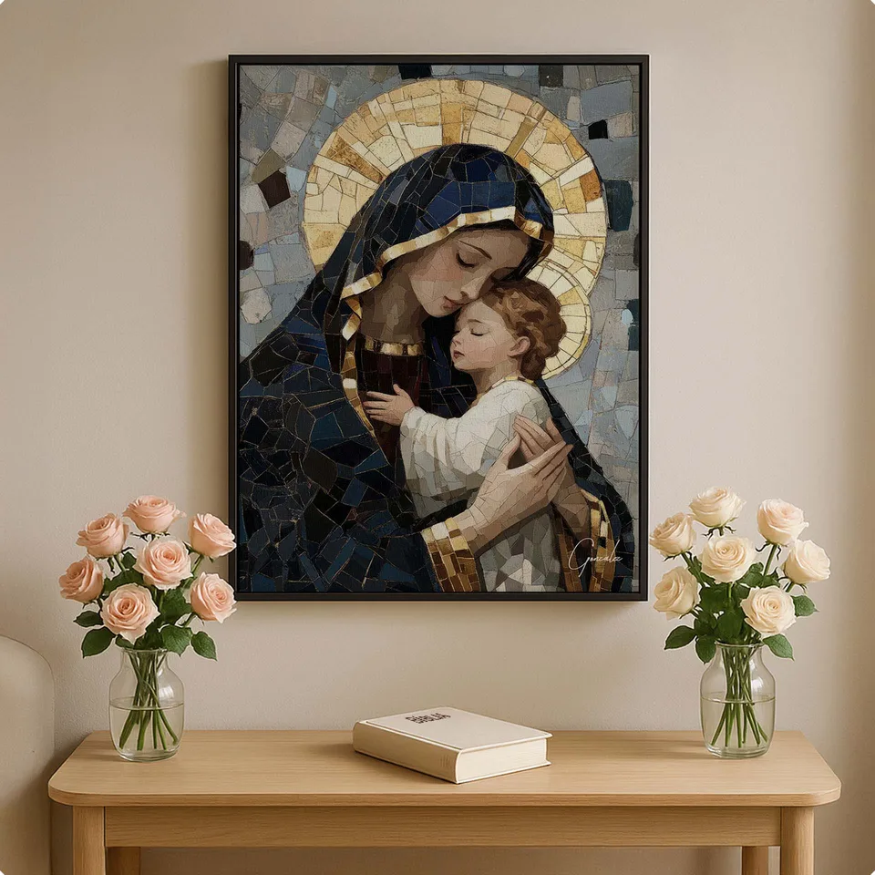 Quadro Maria e Jesus Mosaico com moldura preta