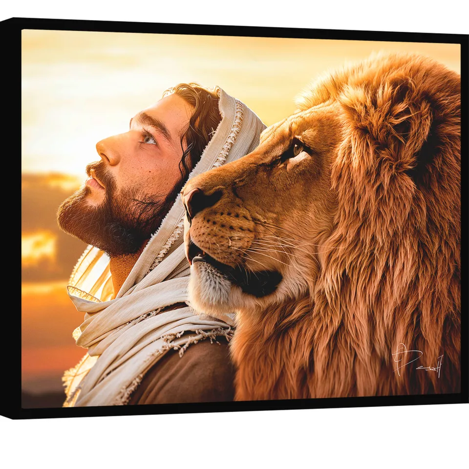 Quadro O Olhar de Jesus e do Leão - Quadros para Sala | QuadrosDecorativos.com