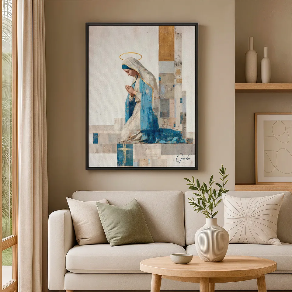 quadro nossa senhora em oração — perspectiva completa em tons suaves
