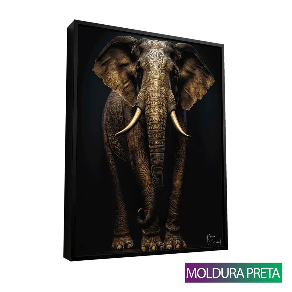 Quadro Elefante Pinturas Indianas com moldura de filete preta