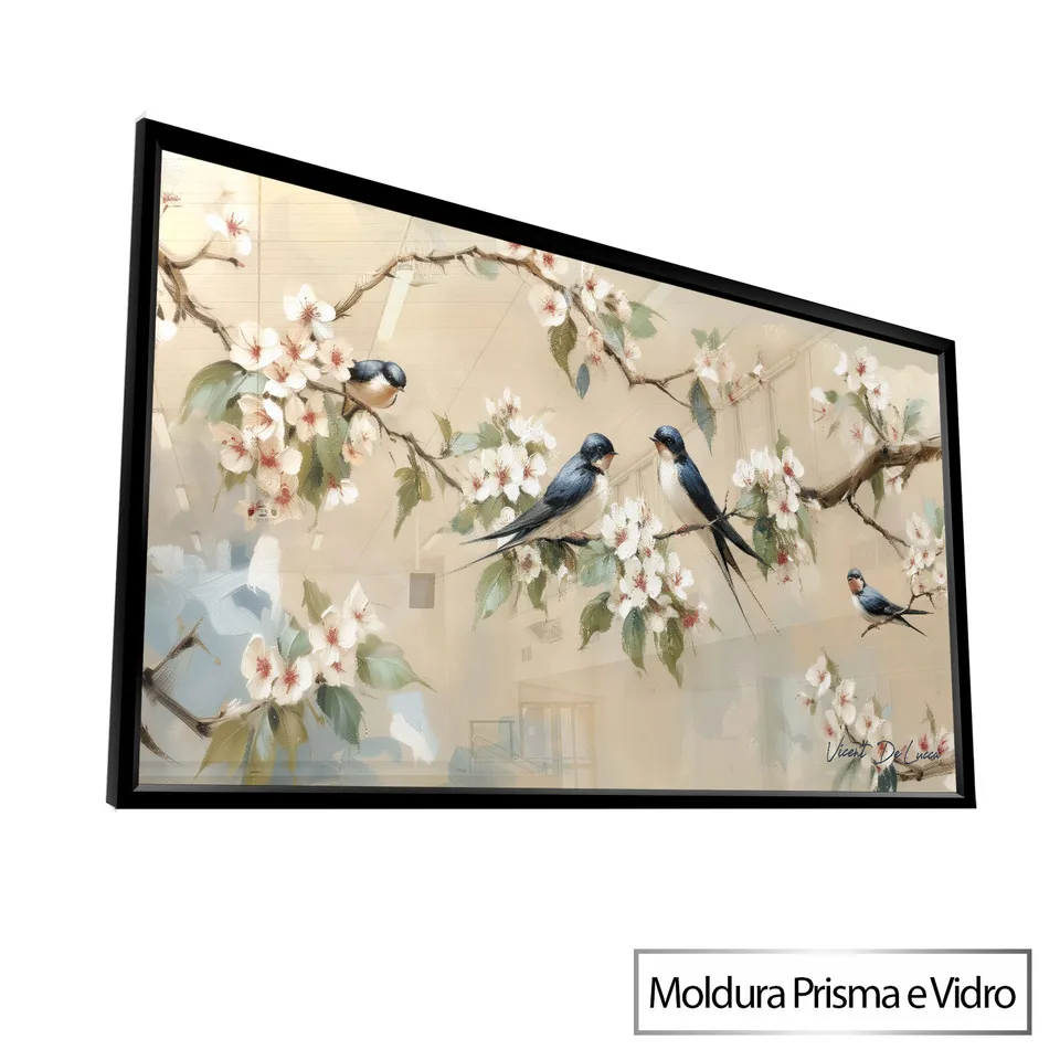 Quadro Encanto das Andorinhas com moldura Prisma e vidro