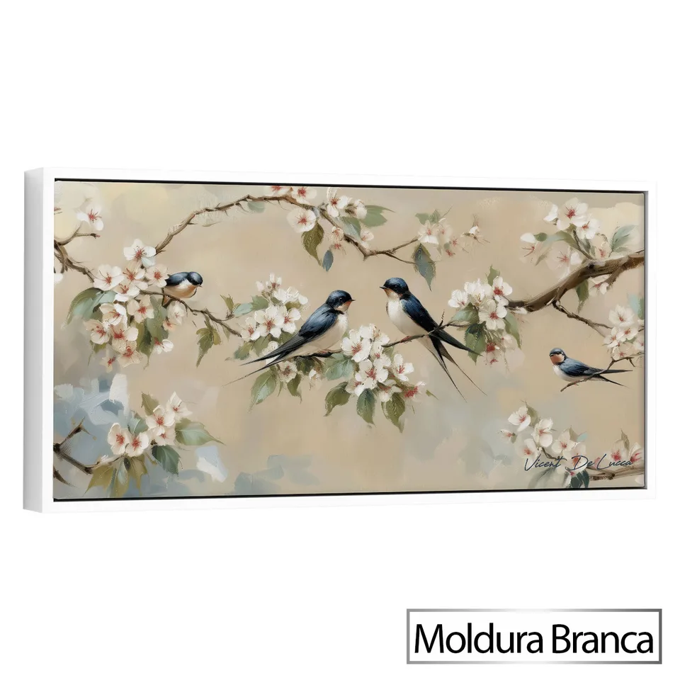 Quadro Encanto das Andorinhas com moldura de filete branca