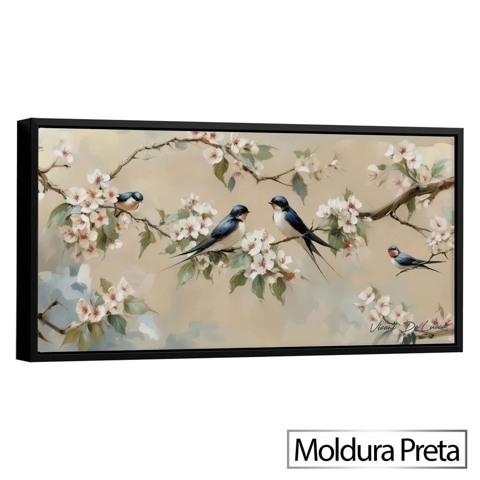Quadro Encanto das Andorinhas com moldura de filete preta