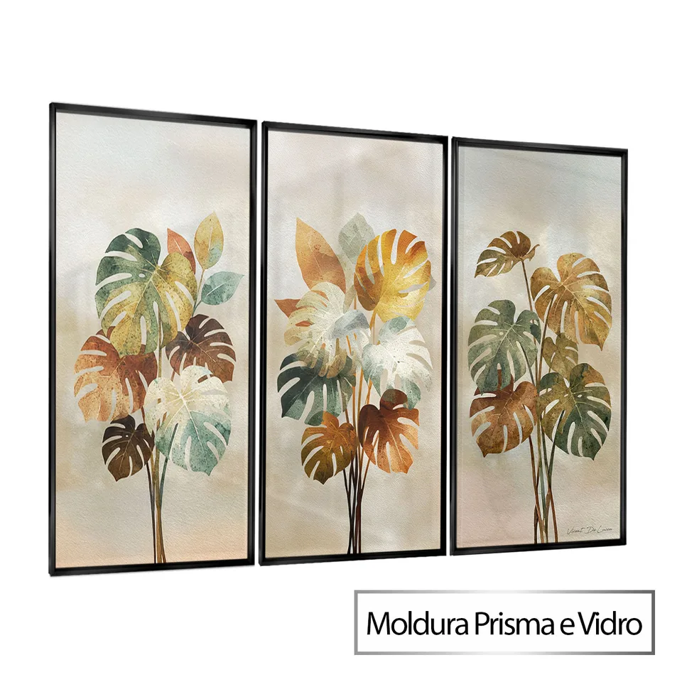 Quadro Essência Tropical 3 Peças com moldura Prisma e vidro