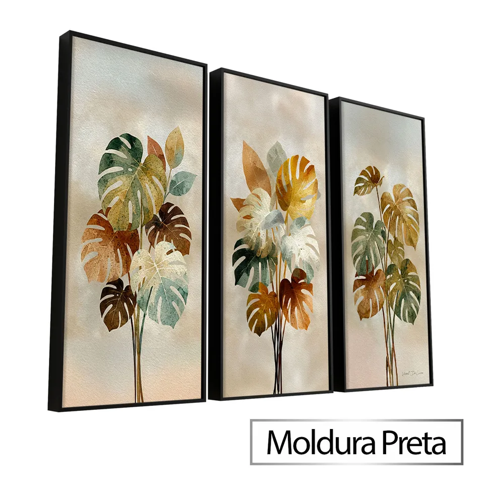 Quadro Essência Tropical 3 Peças com moldura de filete preta