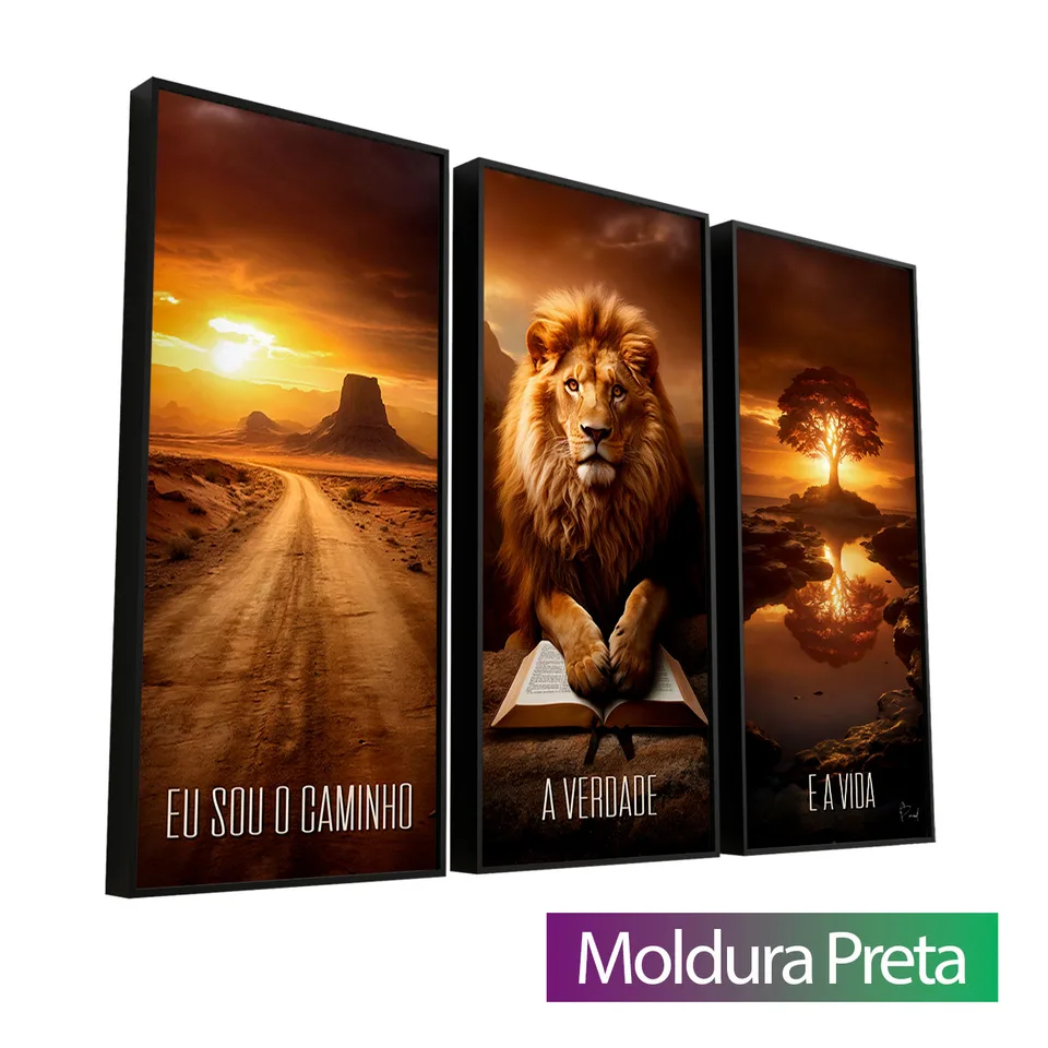 Quadro Eu Sou o Caminho, Verdade e a Vida - 3 Peças com moldura de filete preta