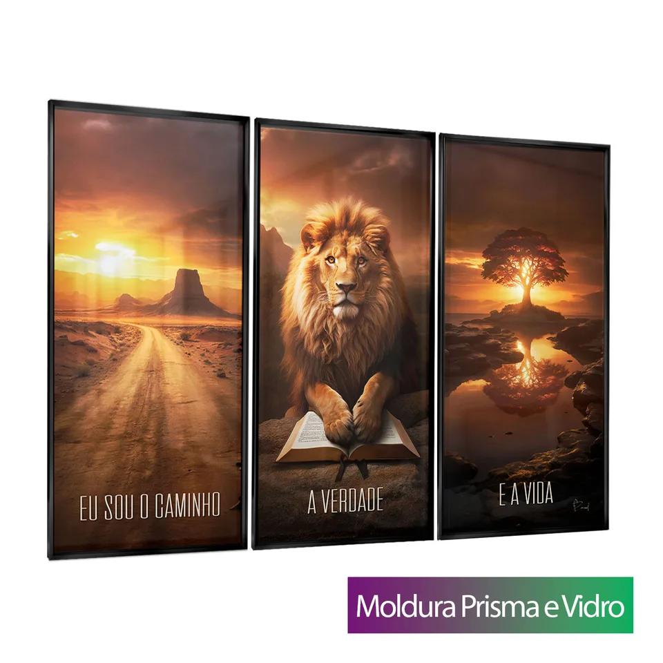 Quadro Eu Sou o Caminho, Verdade e a Vida - 3 Peças com moldura Prisma e vidro