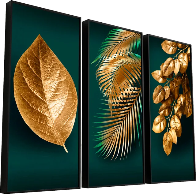 3 quadros decorativos com fundo verde e folhas na coloração dourada em destaque. O nome do quadro é "quadro folhas de midas"