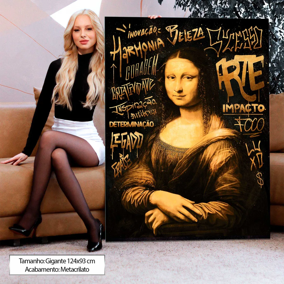 quadro monalisa grafite dourado — perspectiva completa elementos tipográficos
