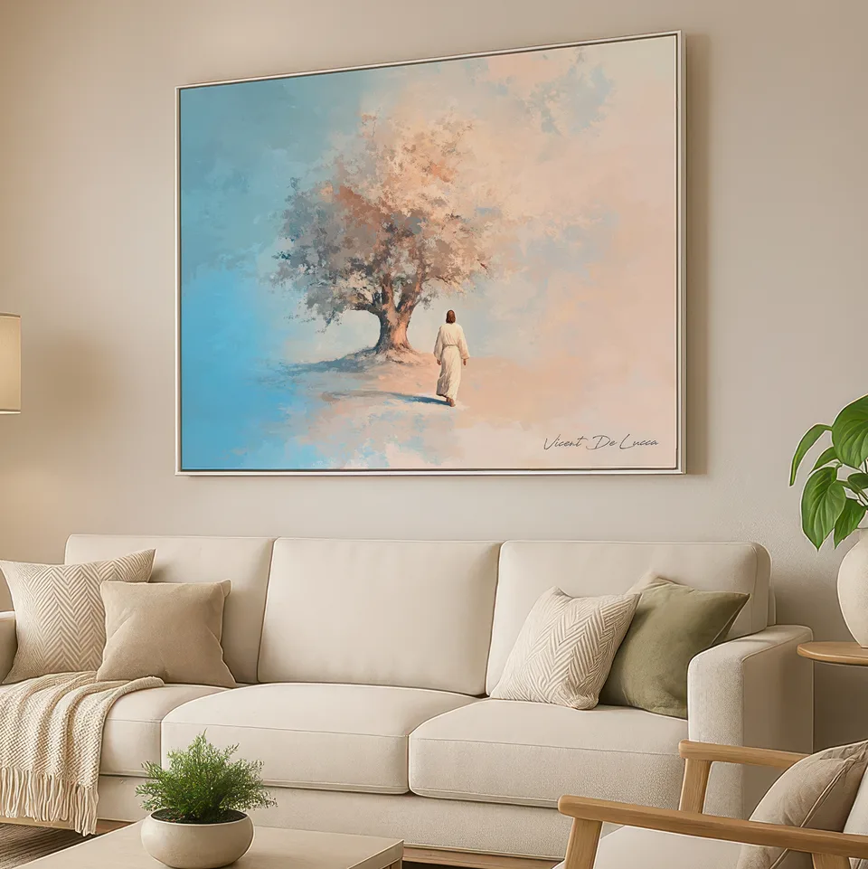 Quadro Jesus e a Árvore de Fé - Coleção Minimalista com moldura branca na sala