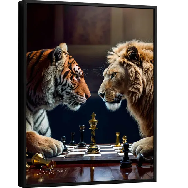 Quadro decorativo Jogo de Feras. Leão e Tigre jogando xadrez